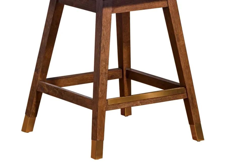 Basila Swivel Counter Stool in Brown Oak Wood Finish with Taupe Fabric