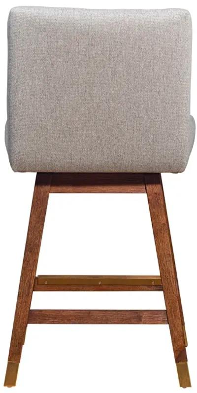 Basila Swivel Counter Stool in Brown Oak Wood Finish with Taupe Fabric