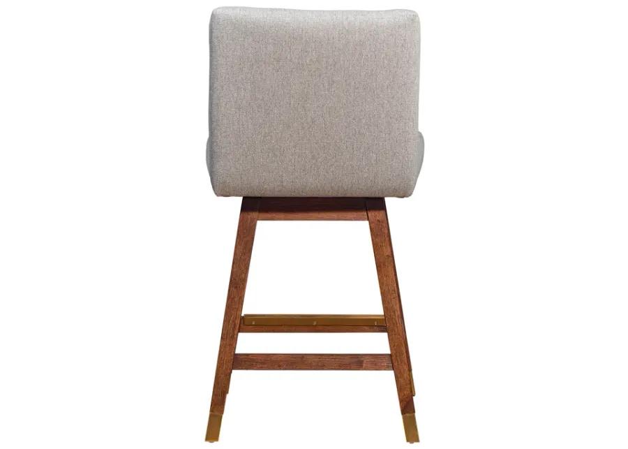 Basila Swivel Counter Stool in Brown Oak Wood Finish with Taupe Fabric