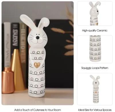 12" Squiggly Bunny With Gold Heart, White/black