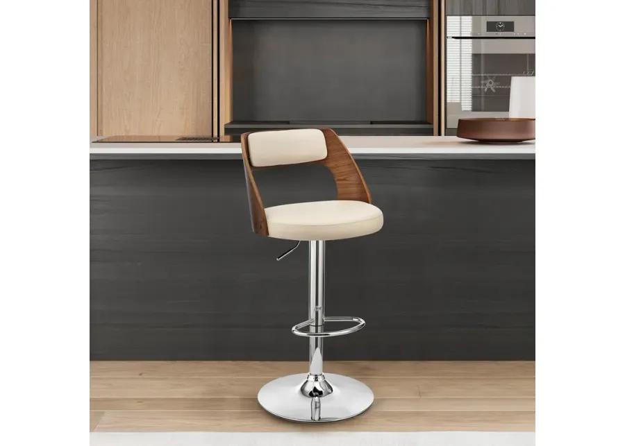 Paulo Adjustable Swivel Cream Faux Leather and Walnut Wood Bar Stool with Chrome Base