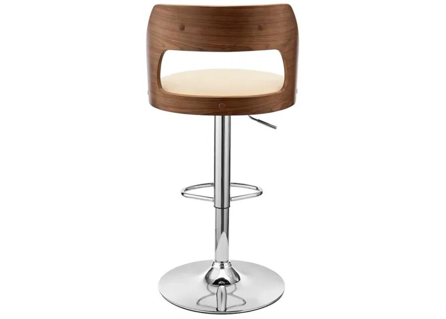 Paulo Adjustable Swivel Cream Faux Leather and Walnut Wood Bar Stool with Chrome Base