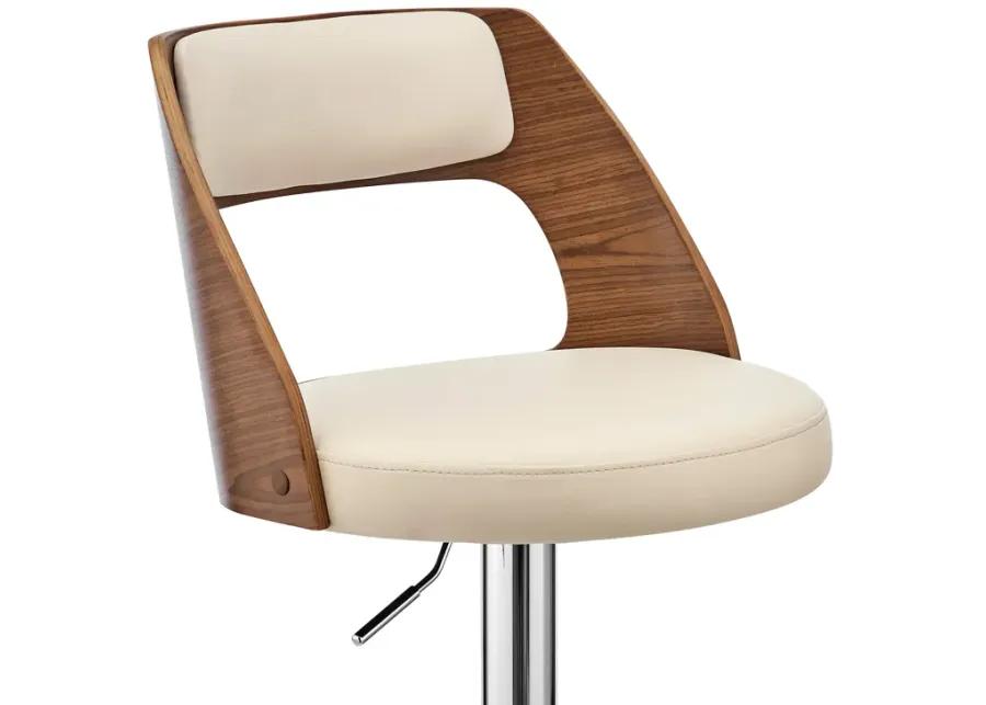 Paulo Adjustable Swivel Cream Faux Leather and Walnut Wood Bar Stool with Chrome Base