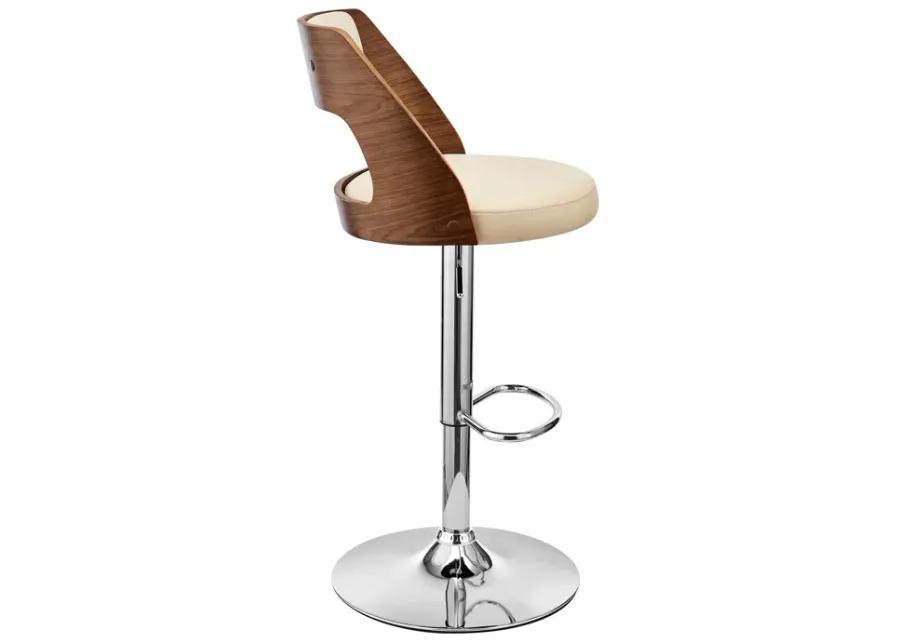 Paulo Adjustable Swivel Cream Faux Leather and Walnut Wood Bar Stool with Chrome Base