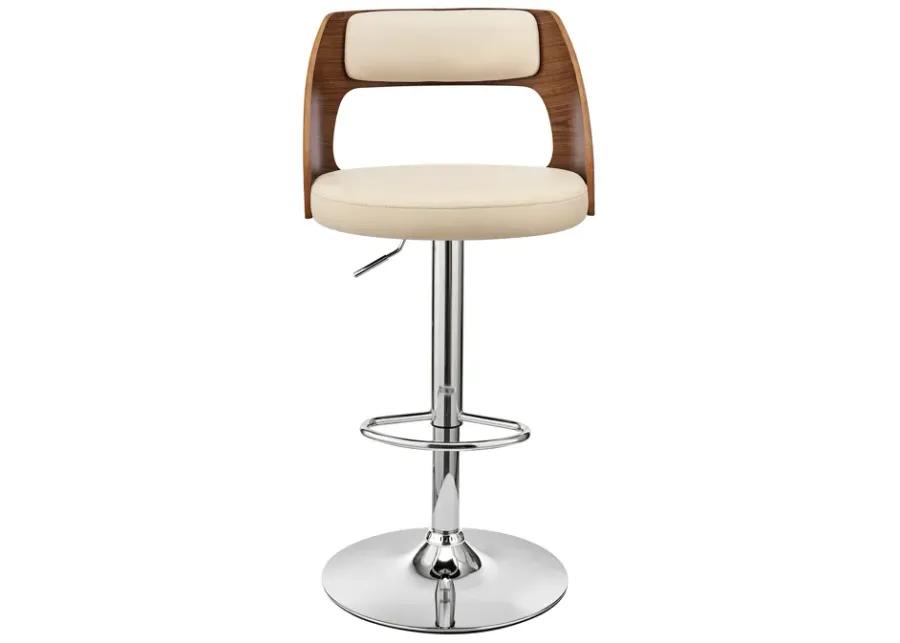 Paulo Adjustable Swivel Cream Faux Leather and Walnut Wood Bar Stool with Chrome Base