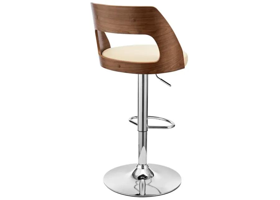 Paulo Adjustable Swivel Cream Faux Leather and Walnut Wood Bar Stool with Chrome Base