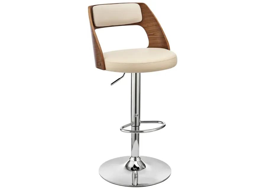 Paulo Adjustable Swivel Cream Faux Leather and Walnut Wood Bar Stool with Chrome Base