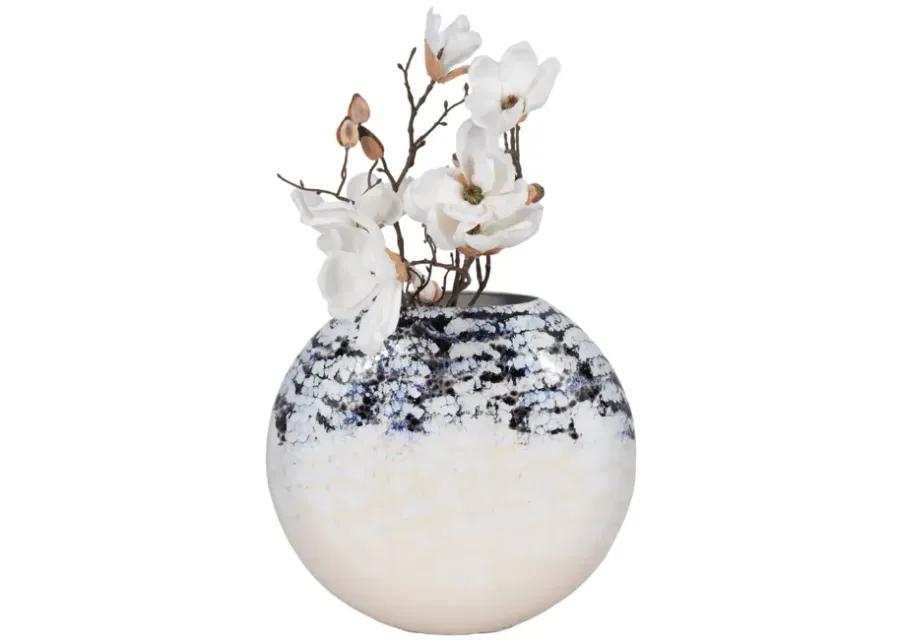 16" Round Metal Vase Arctic Finish, White/blue