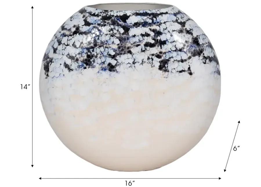 16" Round Metal Vase Arctic Finish, White/blue