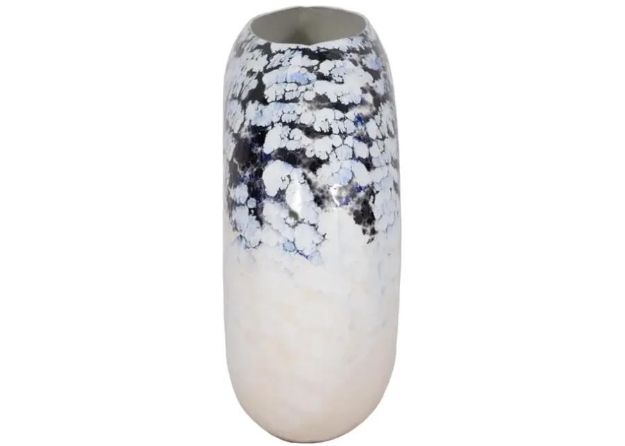 16" Round Metal Vase Arctic Finish, White/blue