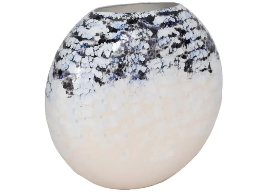 16" Round Metal Vase Arctic Finish, White/blue