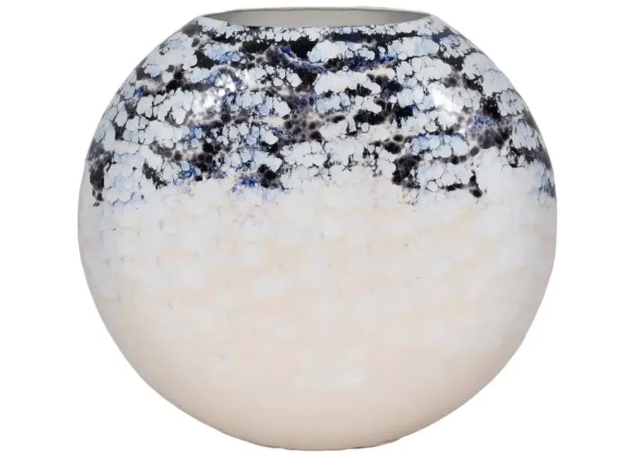 16" Round Metal Vase Arctic Finish, White/blue