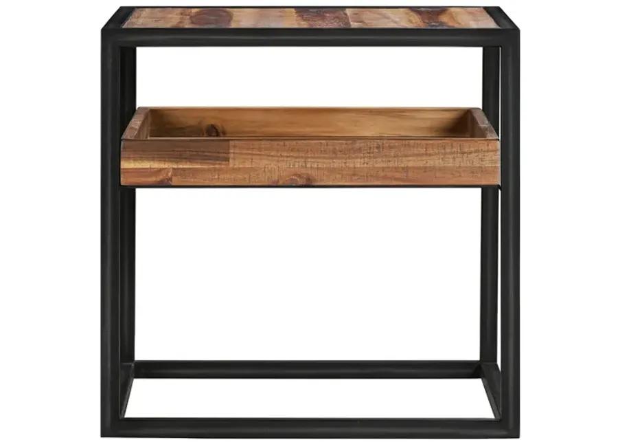 Ludgate Square End Table with Shelf in Acacia and Black Metal