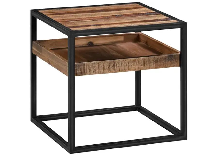 Ludgate Square End Table with Shelf in Acacia and Black Metal