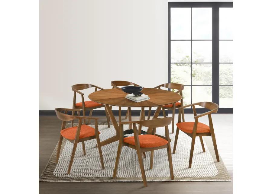 Santana 7 Piece Round Walnut Wood Dining Table Set with Orange Fabric