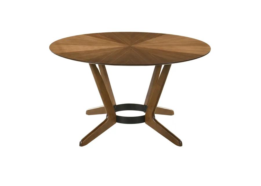 Santana 7 Piece Round Walnut Wood Dining Table Set with Orange Fabric