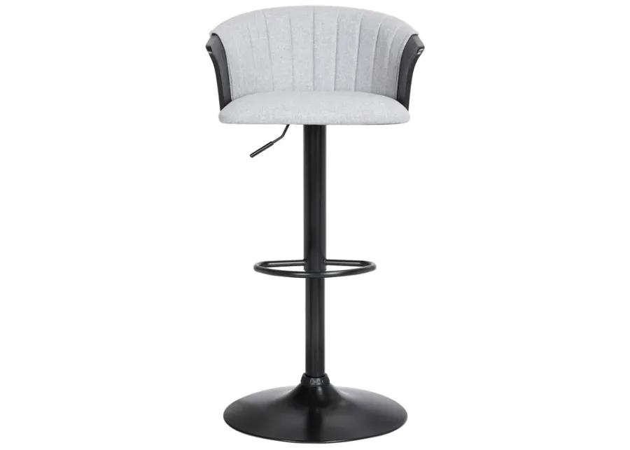 Lydia Adjustable Black Wood Bar Stool in Light Gray Fabric with Black Metal