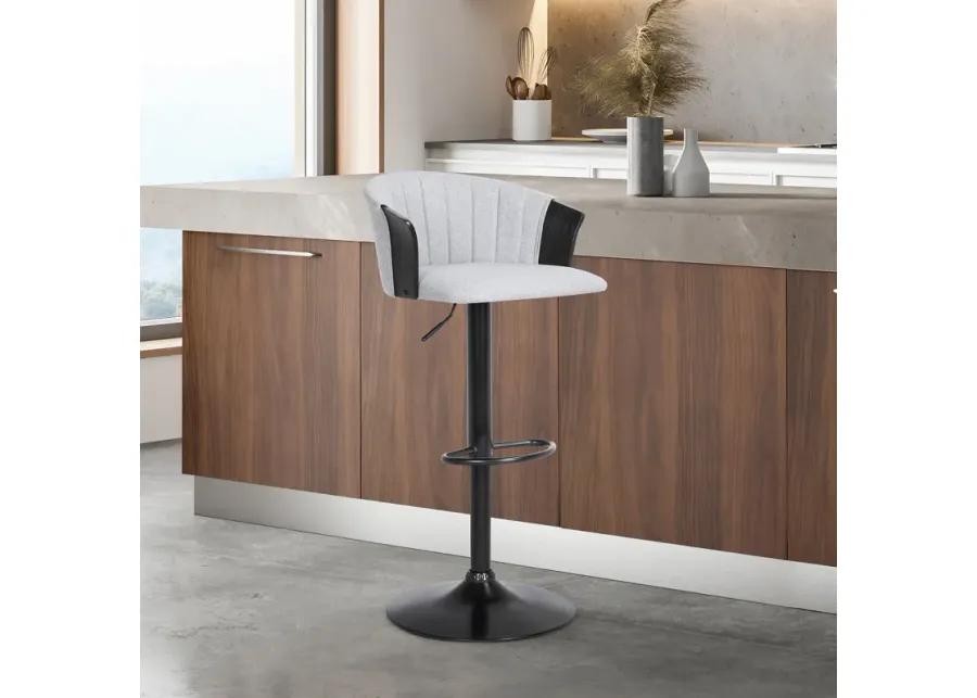 Lydia Adjustable Black Wood Bar Stool in Light Gray Fabric with Black Metal