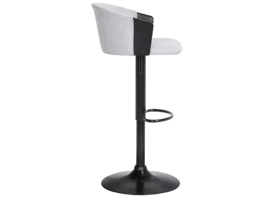 Lydia Adjustable Black Wood Bar Stool in Light Gray Fabric with Black Metal