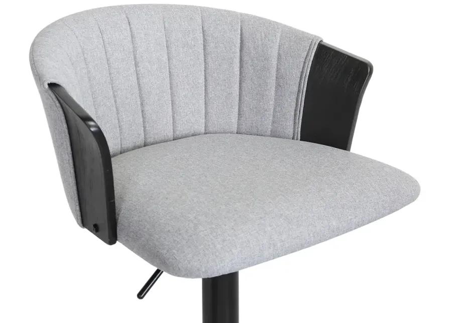 Lydia Adjustable Black Wood Bar Stool in Light Gray Fabric with Black Metal