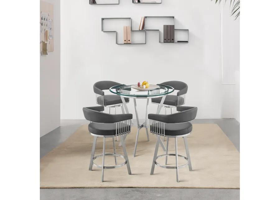 Naomi and Chelsea 5-Piece Counter Height Dining Set in Brushed Stainless Steel and Grey Faux Leather