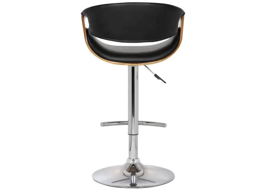 Butterfly Adjustable Height Swivel Black Faux Leather and Walnut Wood Bar Stool with Chrome Base 