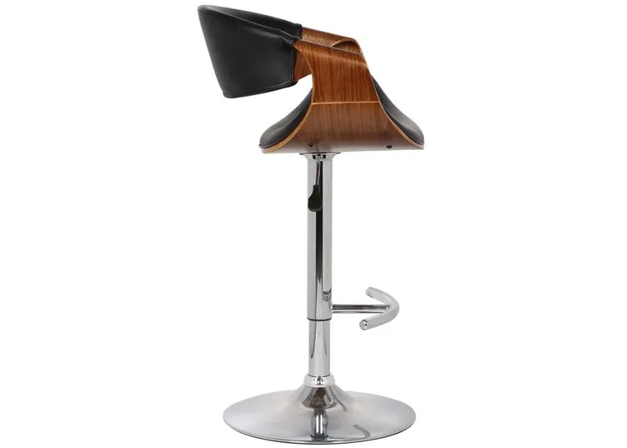 Butterfly Adjustable Height Swivel Black Faux Leather and Walnut Wood Bar Stool with Chrome Base 