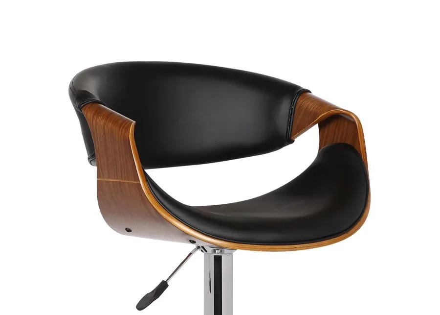 Butterfly Adjustable Height Swivel Black Faux Leather and Walnut Wood Bar Stool with Chrome Base 