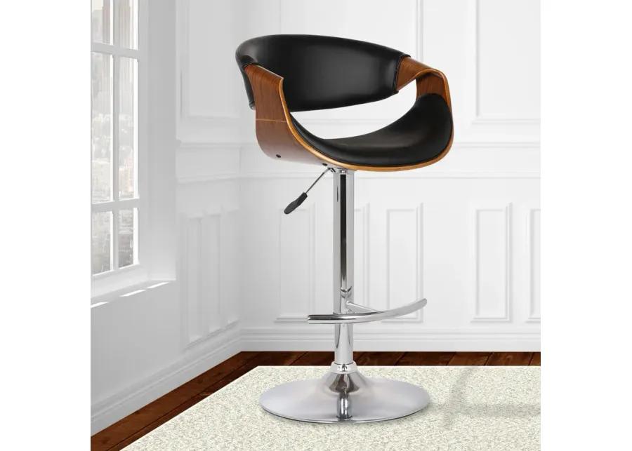 Butterfly Adjustable Height Swivel Black Faux Leather and Walnut Wood Bar Stool with Chrome Base 