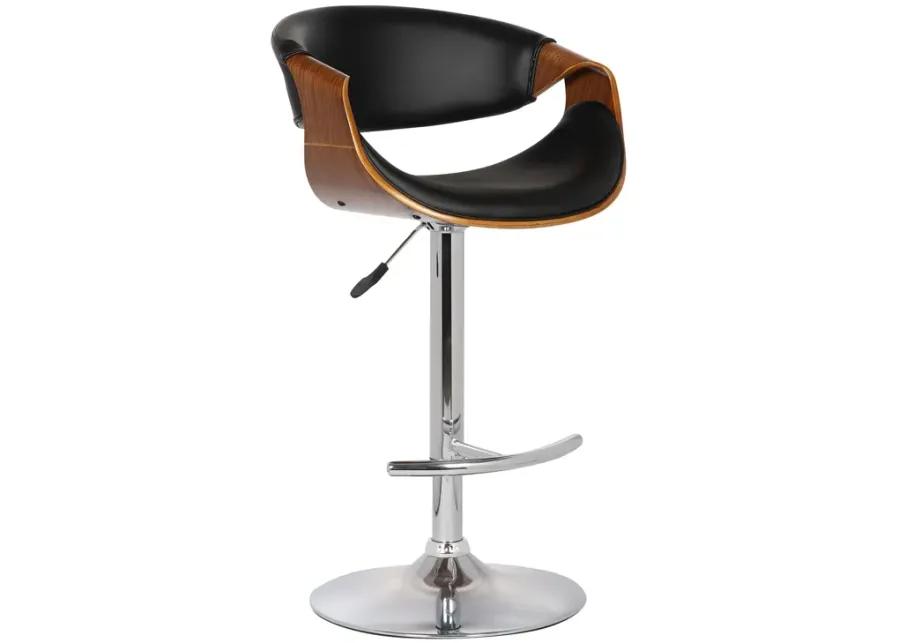 Butterfly Adjustable Height Swivel Black Faux Leather and Walnut Wood Bar Stool with Chrome Base 