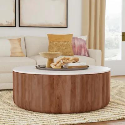 Josie 22" Solid Wood and Marble Round Coffee Table in Brown