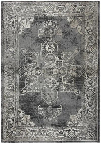 Panache Gray/Black Central Medallion Distress  Polypropylene 5'3" x 7'6" Rectangle Rug