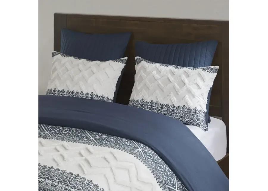 INK+IVY Mila Navy 3 Piece Cotton Comforter Set with Chenille Tufting