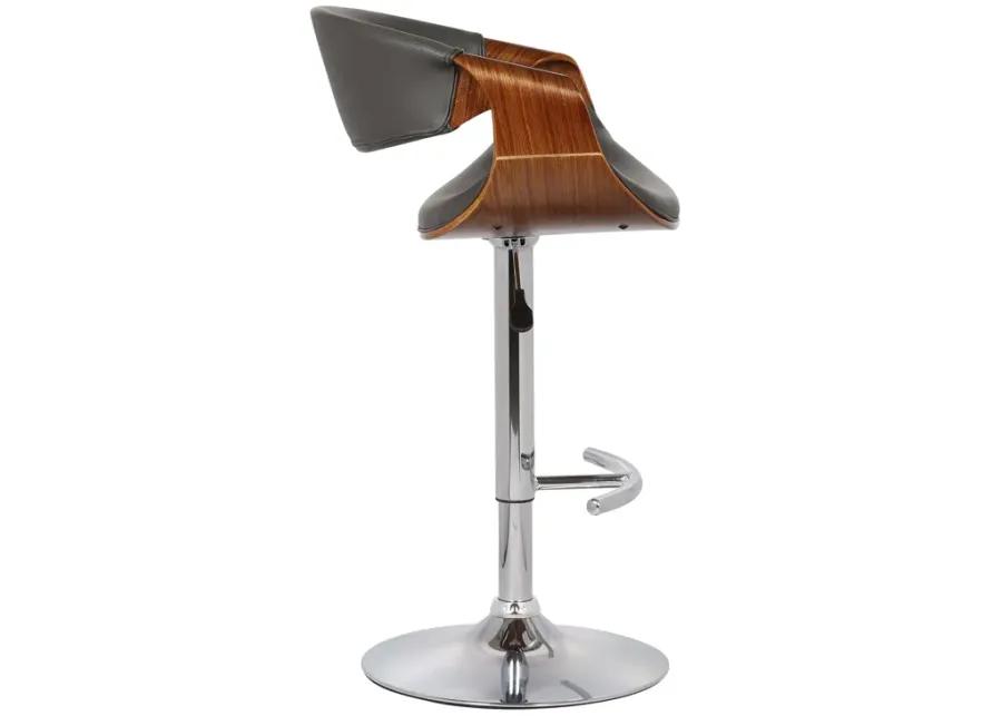 Butterfly Adjustable Height Swivel Grey Faux Leather and Walnut Wood Bar Stool with Chrome Base 