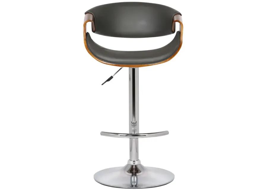 Butterfly Adjustable Height Swivel Grey Faux Leather and Walnut Wood Bar Stool with Chrome Base 