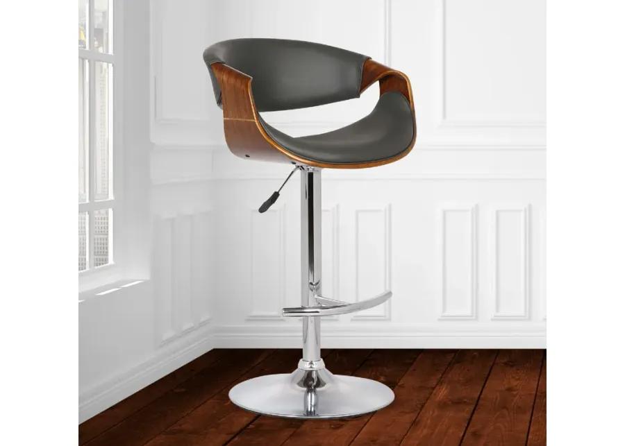 Butterfly Adjustable Height Swivel Grey Faux Leather and Walnut Wood Bar Stool with Chrome Base 