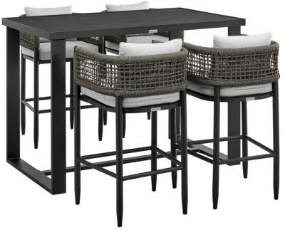 Felicia Outdoor Patio 5-Piece Bar Table Set in Aluminum with Gray Rope and Cushions