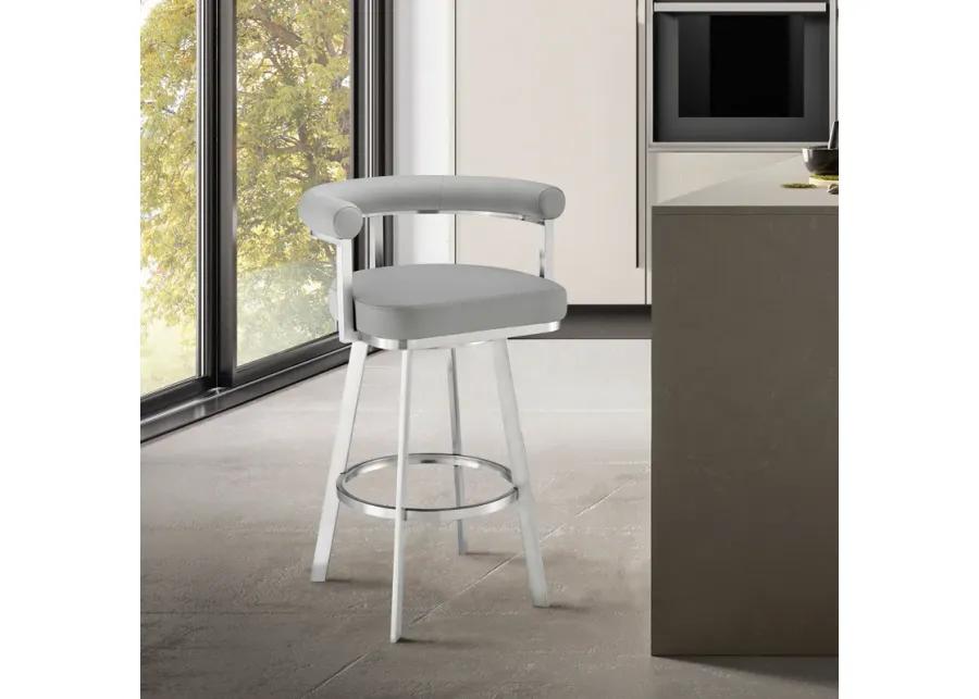 Magnolia 26" Swivel Counter Stool in Brushed Stainless Steel with Light Gray Faux Leather