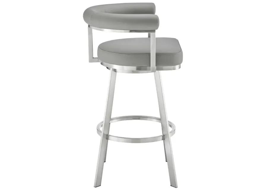 Magnolia 26" Swivel Counter Stool in Brushed Stainless Steel with Light Gray Faux Leather