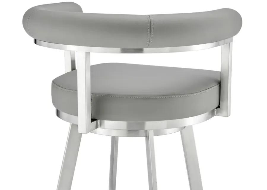 Magnolia 26" Swivel Counter Stool in Brushed Stainless Steel with Light Gray Faux Leather