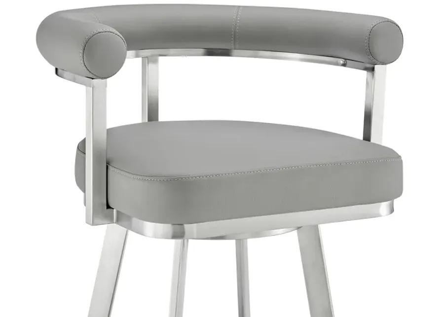 Magnolia 26" Swivel Counter Stool in Brushed Stainless Steel with Light Gray Faux Leather