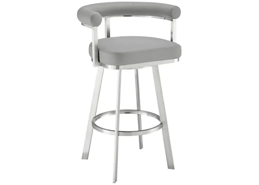 Magnolia 26" Swivel Counter Stool in Brushed Stainless Steel with Light Gray Faux Leather