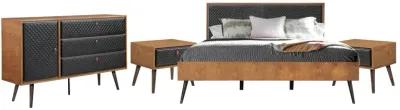 Coco Rustic 4 piece Upholstered Platform Bedroom Set in King with Dresser and 2 Nightstands 