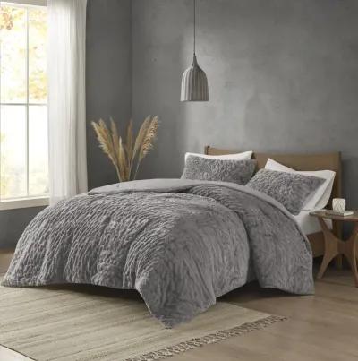 Madison Park Blair Grey Ruched Fur Down Alternative Comforter Set