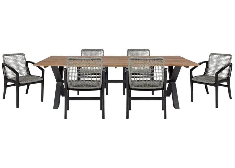 Glendora Beckham Outdoor Patio 7 Piece Live Edge Dining Set in Eucalyptus Wood and Gray Rope