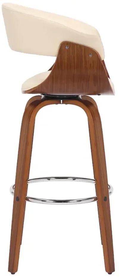 Julyssa 30" Bar Height Swivel Cream Faux Leather and Walnut Wood Bar Stool