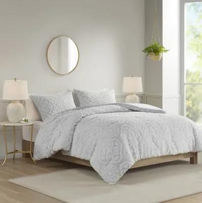 Madison Park Everly Grey/White 3 Piece Tufted Woven Medallion Comforter Set