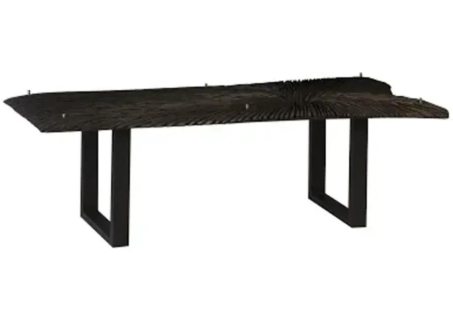 chainsaw dining table with glass, burnt black, black iron u legs