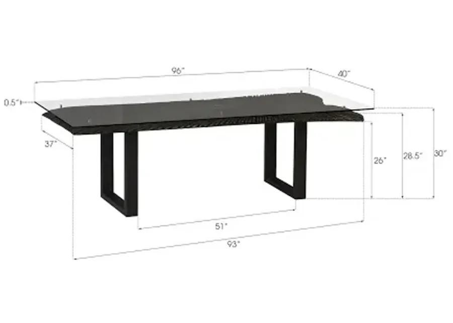 chainsaw dining table with glass, burnt black, black iron u legs