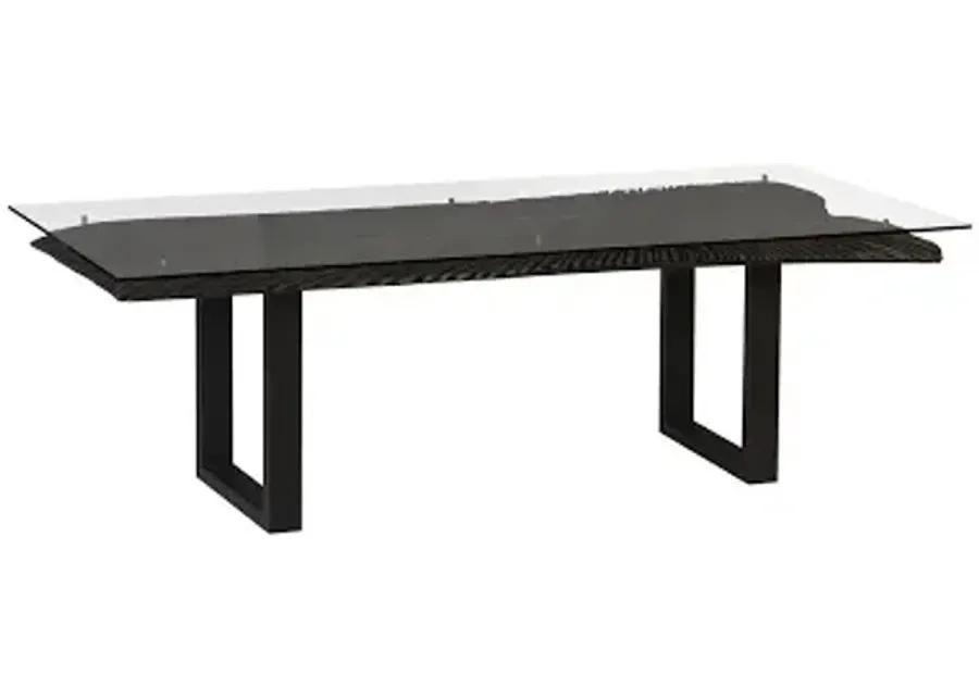 chainsaw dining table with glass, burnt black, black iron u legs